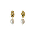 Gold Tone Folded Openwork Top Irregular White Pearl Drop Stud Earrings view 5