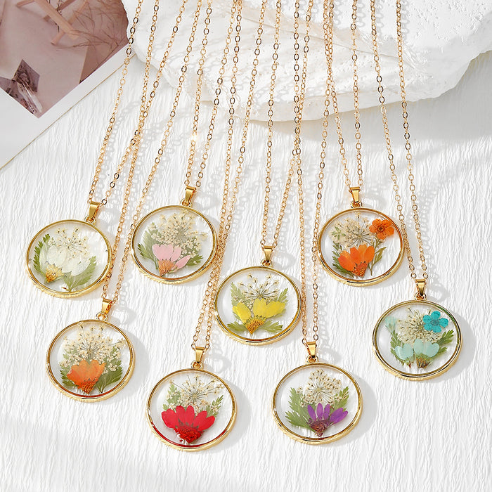 Round Resin Dried Flower Pendant Necklaces 8 Colors