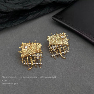 Gold Tone Clear Stone Woven Mesh Square Stud Earrings