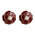 Burgundy Enamel Rose Stud Earrings Pearl Center Gold Rim view 5