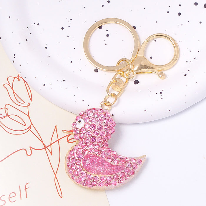Rhinestone Duck Keychain Gold Metal Pink Yellow Clear