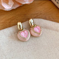 Pink Heart Earrings with Gold Tone Hoops and Crystal Borders view 6
