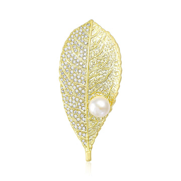 Gold Filigree Leaf Metal Brooch with Round Pearl Accent