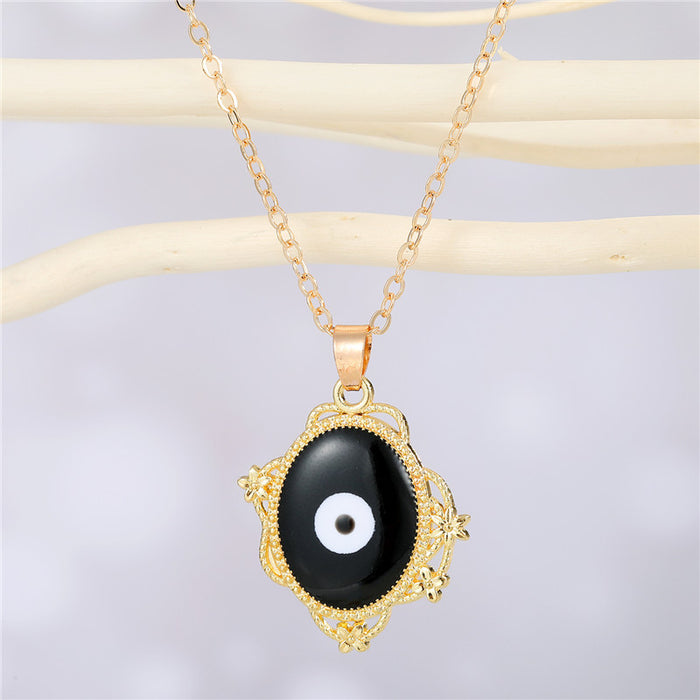 Gold Tone Ornate Oval Evil Eye Pendant Necklaces in Six Colors
