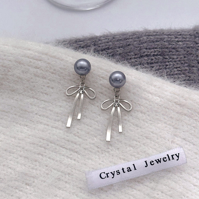 Gray Pearl Stud Earrings With Detachable Silver Bow