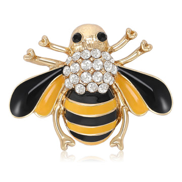Gold Enamel Bee Brooch Rhinestone Body Stripe Insect Pin