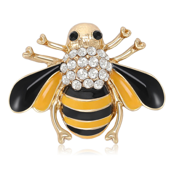 Gold Enamel Bee Brooch Rhinestone Body Stripe Insect Pin