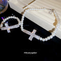 Silver Rhinestone Cross Pearl Necklace And Bracelet Set view 2
