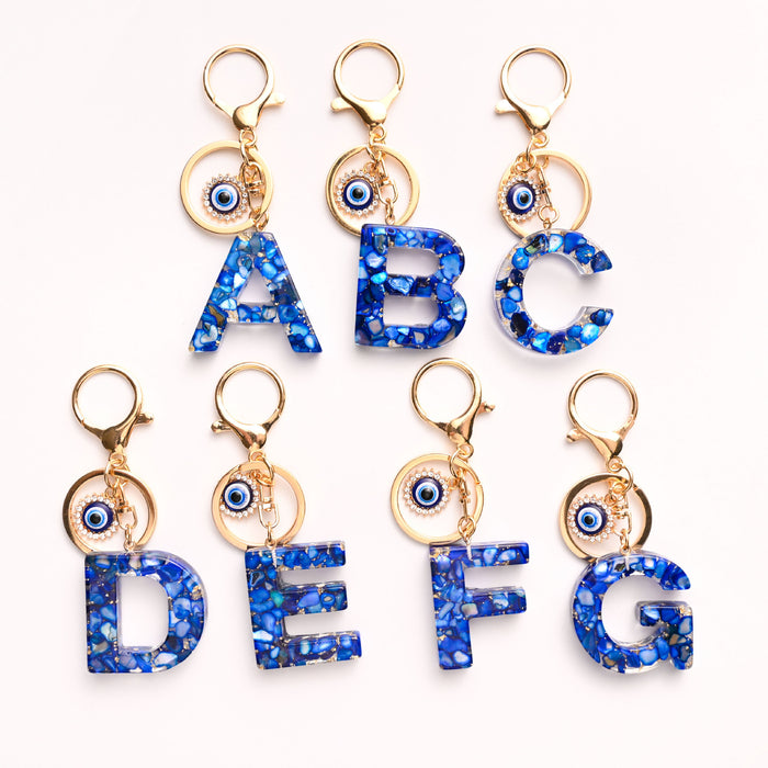 Blue Shell Resin Letter Keychain with Evil Eye Charm