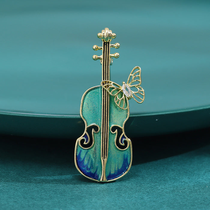 Enamel Cello and Butterfly Brooch for Jackets Scarves and Coats