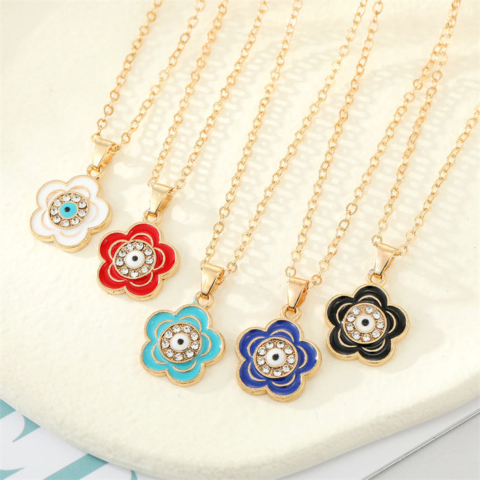 Gold Tone Crystal Enamel Flower Evil Eye Pendant Necklaces