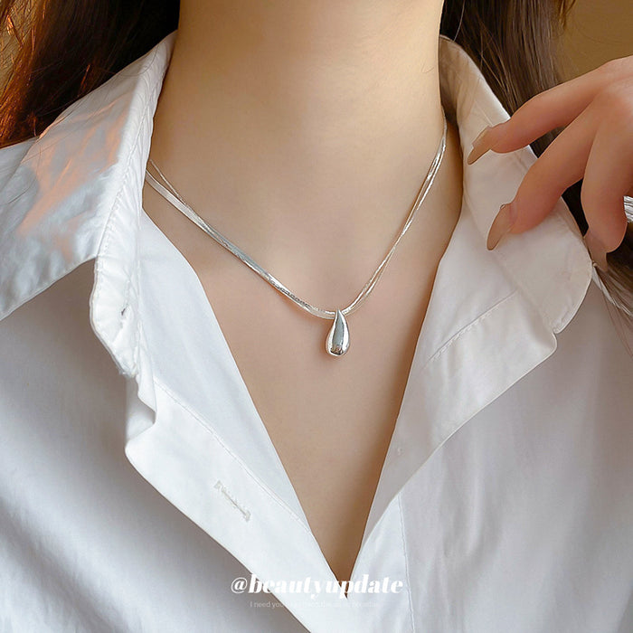 Silver Double Layer Herringbone Chain Teardrop Pendant
