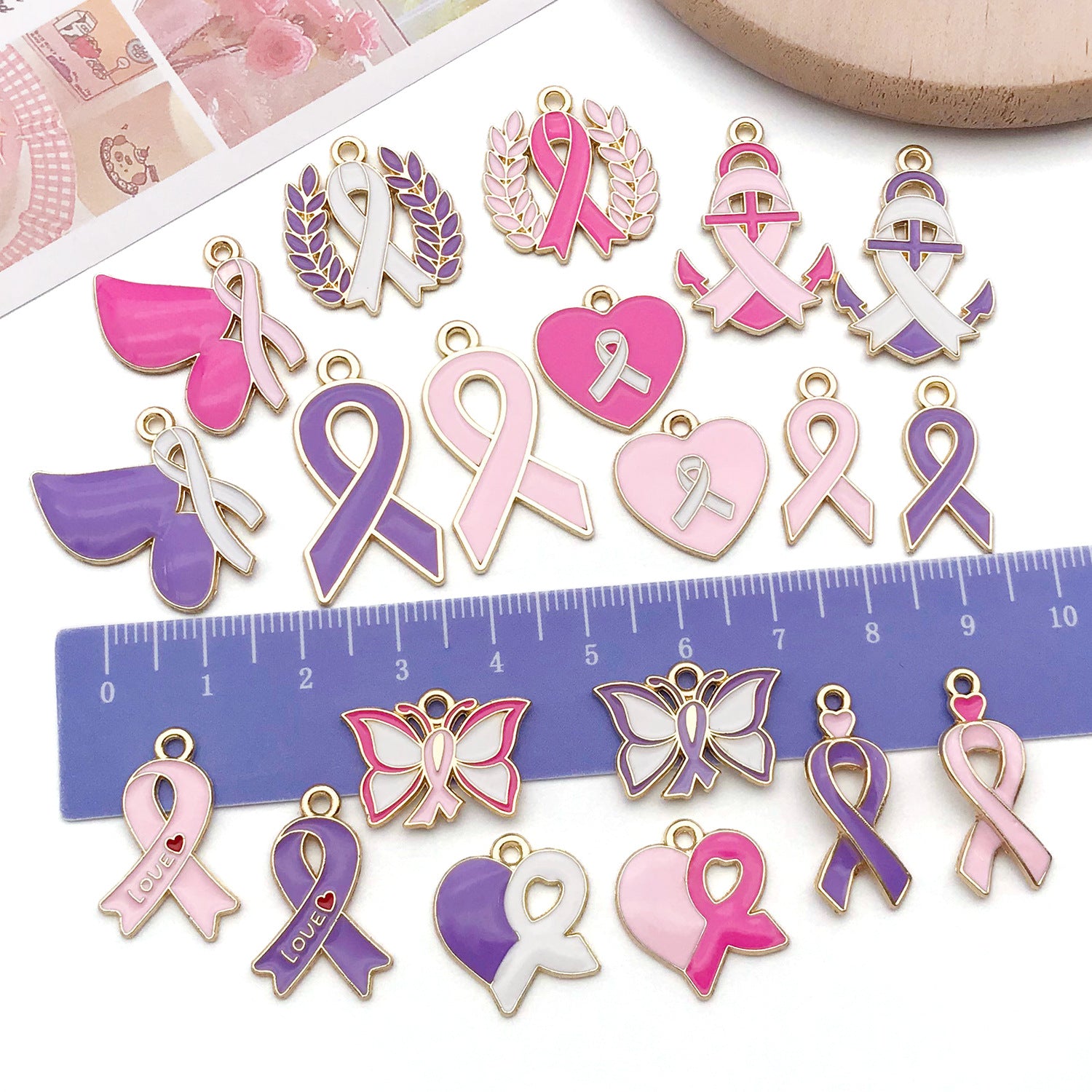 Zinc Alloy Pink Butterfly Heart Ribbon Charm Pendant for DIY Bracelet Keychain