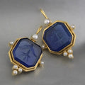 Gold Tone Square Glass Drop Earrings with Pearl Accents view 7