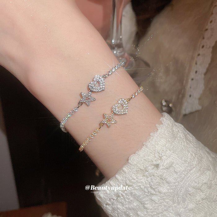 Silver Tone Heart And Star Crystal Slider Bracelet With Gallery Gold