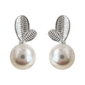 Silver Veined Leaf Top White Pearl Round Stud Earrings view 5