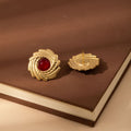 Red Round Center Gold Spiral Sunflower Statement Stud Earrings view 2