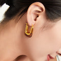 Gold Amber Resin U-Shape Hoop Earrings Copper Metal Frame view 4