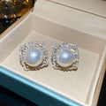 Crystal Border Round Stud Earrings in Red or Pearl White view 7