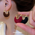 Gold Tone Flocked Disc Hoop Earrings in Black Red and Brown view 2