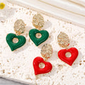 Gold Tone Red and Green Open Heart Drop Stud Earrings view 1