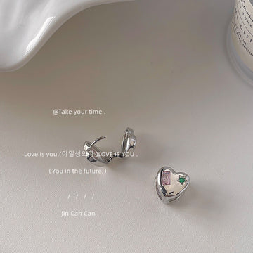 Silver Heart Huggie Earrings Pink Baguette Green Star Stones