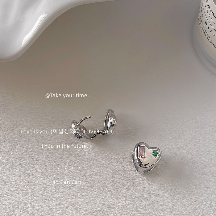Silver Heart Huggie Earrings Pink Baguette Green Star Stones