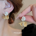 Two Tone Ruffled Flower Stud Earrings with Pearl Accent view 1