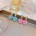 Pink Crystal Heart Drop Earrings Gold Baguette Bar Posts view 1