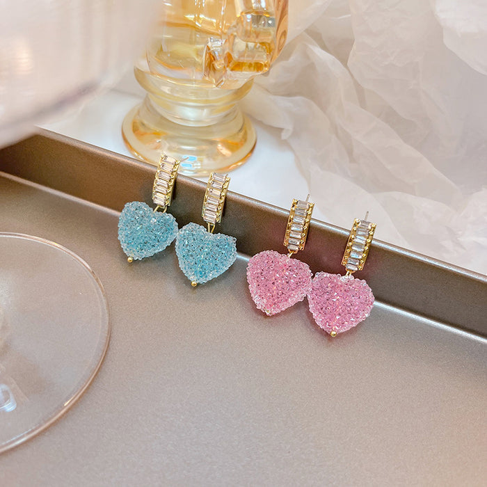 Pink Crystal Heart Drop Earrings Gold Baguette Bar Posts