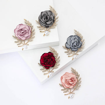 Fabric Rose Brooch Crystal Leaf Branch Pearl Five Colors