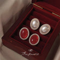 Oval Pearl Center Stud Earrings Mini Pearl Halo Gold Frame view 4