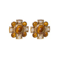 Gold Tone Brown Cabochon Floral Stud Earrings With Decorative Metal Accents view 5
