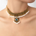 Blue Teardrop Choker Necklace and Fringe Earring Jewelry Set view 2