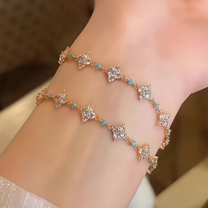 Crystal Flower Link Bracelets Turquoise Accent Silver Rose Gold