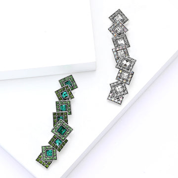 Geometric Bar Brooch in Metal with Stepped Squares with Green or Clear Crystal Centers