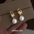 Gold Tone Huggie Hoop Earrings With Detachable Large White Pearl Drops view 3