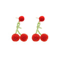 Red Pom Pom Cherry Drop Earrings With Green Stems Statement Jewelry Design view 5