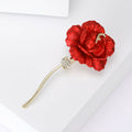 Red Rose Brooch Gold Tone Stem Clear Rhinestone Band view 3