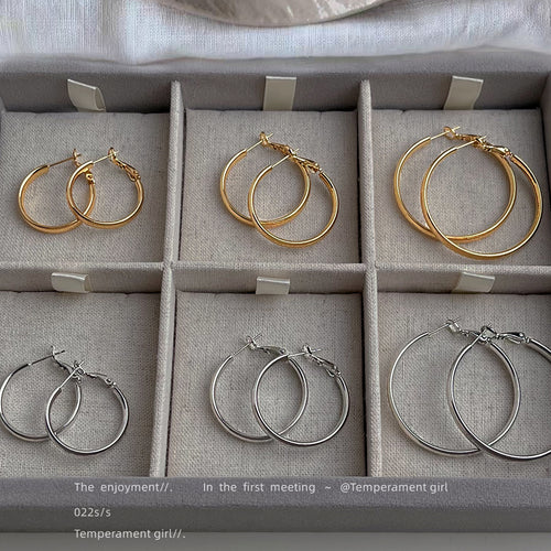 Minimal round-hoop earrings in gold and silver tone shown across six visible size and color combinations.