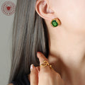 Gold Green Crystal Stud Earrings Geometric Metal Frames view 3