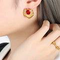 Ribbed Fan Stud Earrings Red Glass Stone Gold Steel view 4