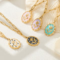 Gold Paperclip Chain Tulip Enamel Oval Pendant Necklace view 3