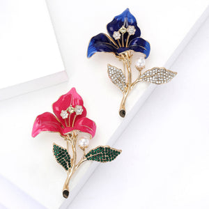 Enamel Flower Brooch Pearl Bud Crystal Leaves Magenta Blue