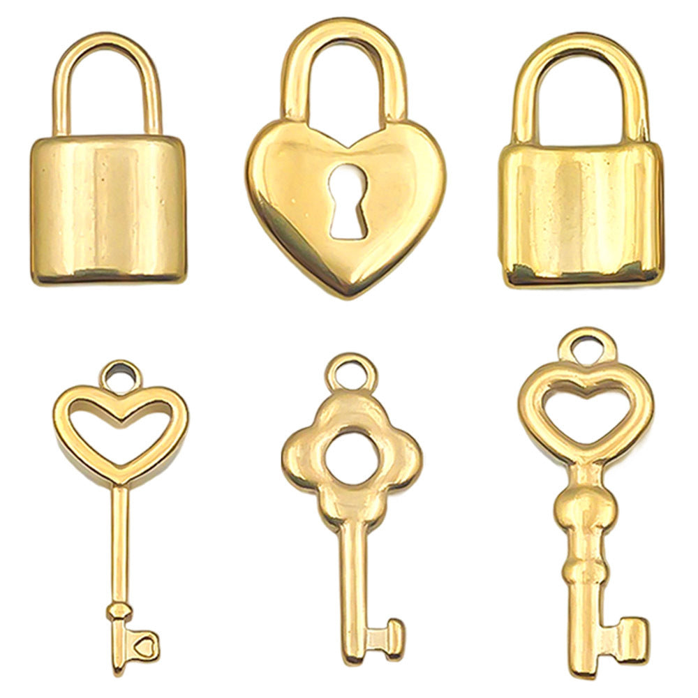 Stainless Steel Hollow Heart Key Padlock Charm Pendant for DIY Couple Necklace Jewelry