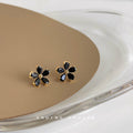 Gold Black Five Petal Flower Crystal Stud Earrings view 4