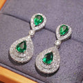 Silver Tone Green Teardrop CZ Halo Drop Earrings Pair view 1