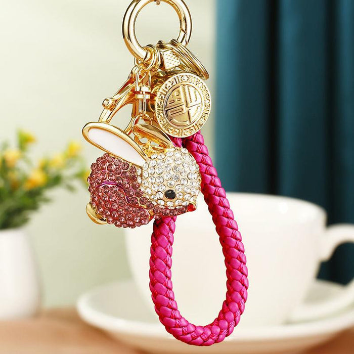 Jeweled Seated Rabbit Fortune Strap Keychains in Four Pictured Colors