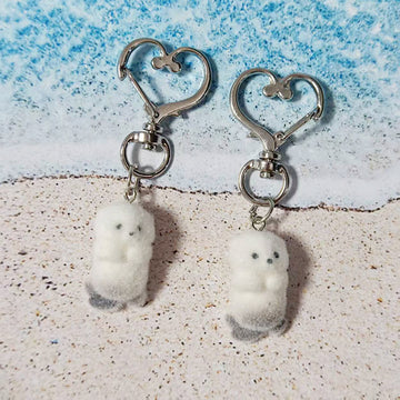 White Plush Otter Keychain Silver Heart Lobster Clasp