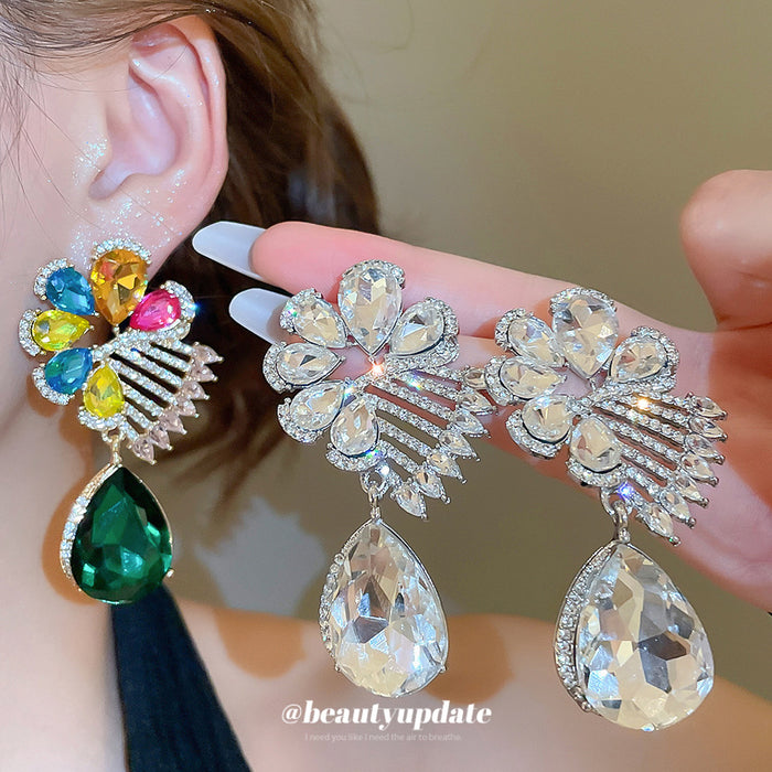 Multicolor Crystal Flower and Green Teardrop Earrings